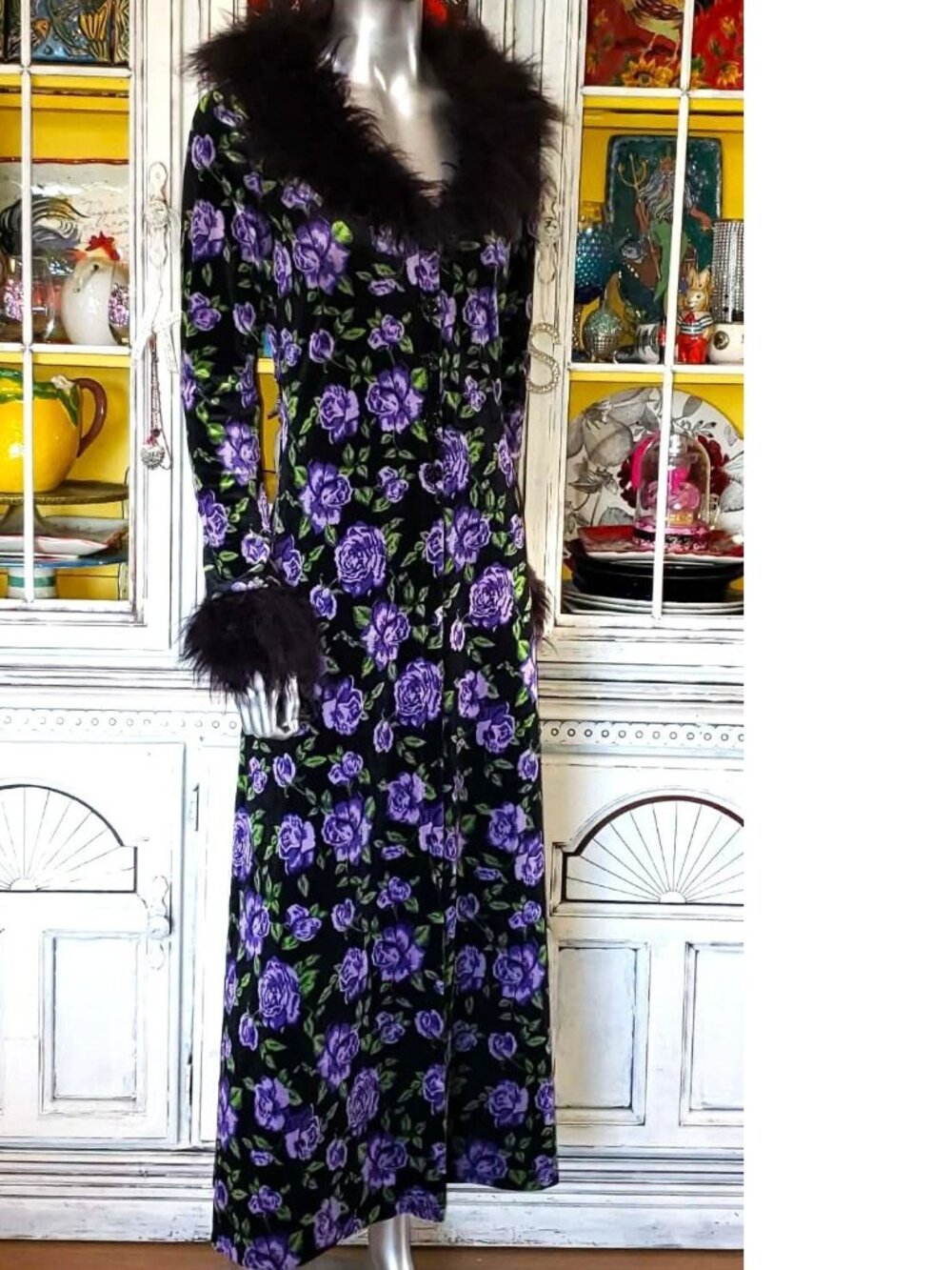 Betsey Johnson Black Velvet Floral Faux Fur Duster Opera Coat Long Dress Jacket - Picture 4 of 16